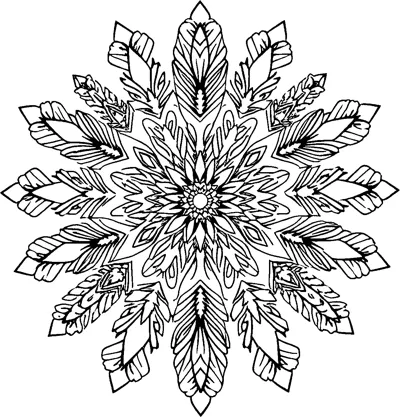 A large snowflake mandala of layered feather-like crystal arms around a flower center.