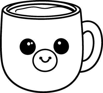 A round mug with big kawaii eyes and a small smiling marshmallow face, with cocoa visible inside the rim.