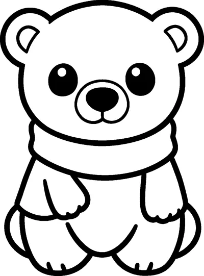 A round kawaii polar bear cub with big eyes sitting up and wearing a wide scarf around its neck.