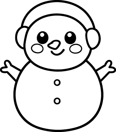 A round kawaii snowman with big eyes, round cheeks, earmuffs, stick arms and two buttons.