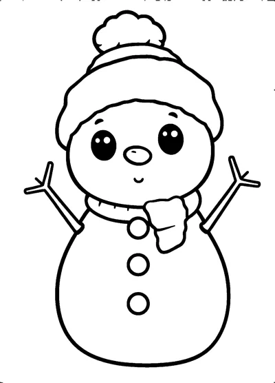 A cute snowman with big shiny eyes, rosy cheeks, a bobble hat and stick arms.