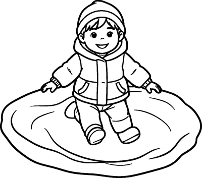 A smiling child in a puffy coat and bobble hat lying in the snow with arms and legs spread out.