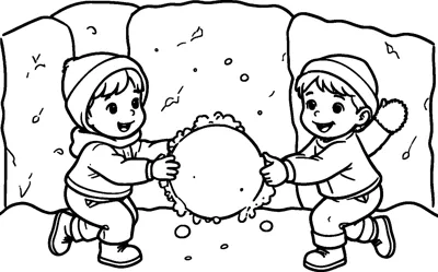 Two laughing children in hats and coats carrying a giant snowball together in front of a snow wall.