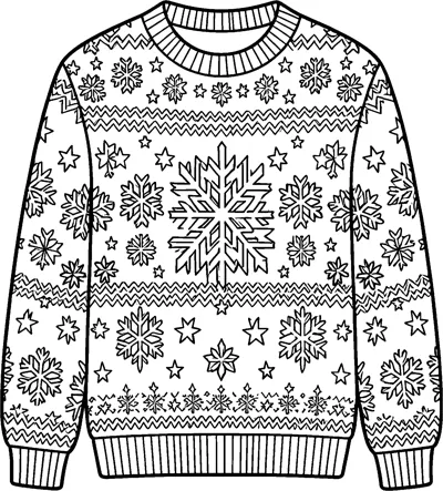 A long-sleeved knitted jumper with ribbed cuffs, covered in rows of snowflakes, stars and zigzag knitting bands.
