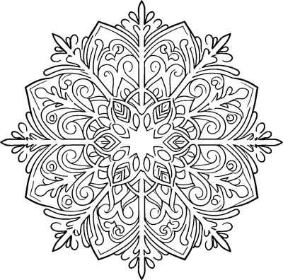 A six-pointed snowflake mandala filled with swirls, leaf shapes and fine lacy patterns.