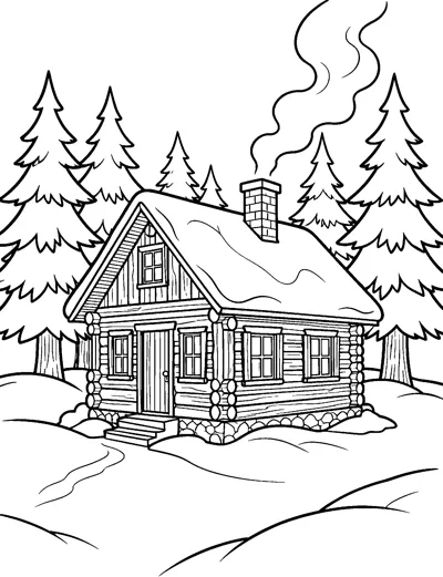 A log cabin with a snow-covered roof and a brick chimney puffing smoke stands among tall pine trees and deep snowdrifts.
