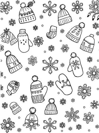 An all-over pattern of patterned mittens, bobble hats, socks and snowflakes.