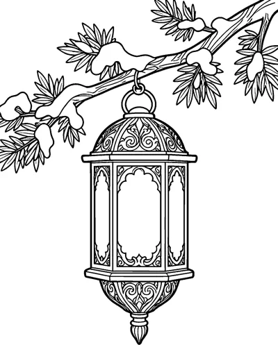 An ornate six-sided lantern with scrolled metalwork hangs from a ring on a snowy pine branch.