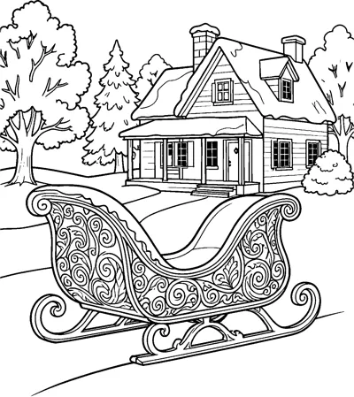 A sleigh with curled runners and swirling carved sides sits in the snow in front of a farmhouse with a porch and trees.