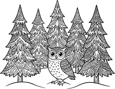 An owl with patterned feathers standing on snow in front of five tall pine trees filled with patterns.