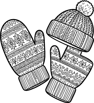 Two mittens covered in zigzag and flower patterns beside a knitted bobble hat with a pompom.