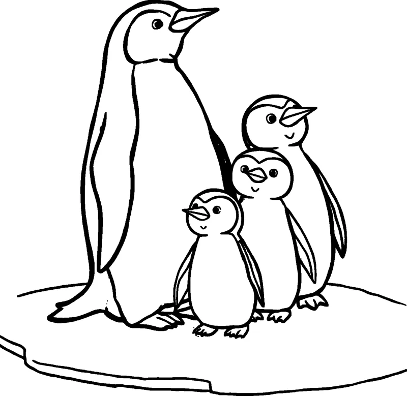 A tall penguin stands on an ice floe beside three smaller penguin chicks.