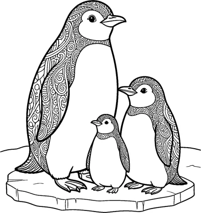 Two adult penguins and a small chick stand together on an ice floe, their backs filled with swirling patterns.
