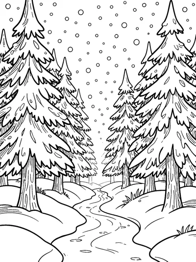 A winding snowy path leads between tall snow-covered pine trees while round snowflakes fall from the sky.