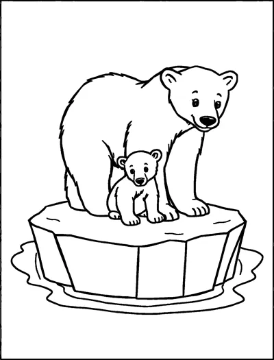 A mother polar bear and her cub stand together on a block of ice in the water.