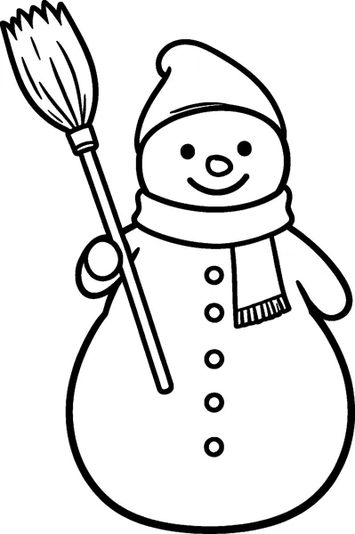 A smiling snowman in a pointed hat and scarf, holding a long broom in one hand.