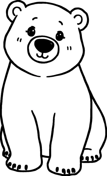 A cute sitting polar bear with round ears, big eyes, a black nose and a small smile.