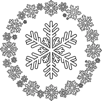 A big six-armed crystal snowflake sits in the middle of the page, surrounded by a circle of many small detailed snowflakes.