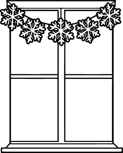 A string of six chunky paper snowflakes hangs in a gentle curve across the top of a tall window with a wide sill.