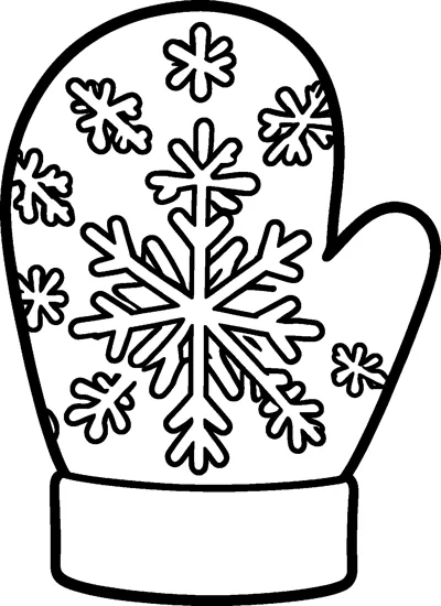A single winter mitten with a thumb and a wide cuff, covered in one large snowflake and several smaller snowflakes.