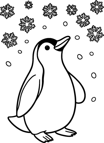 A chubby penguin stands with its beak tilted upwards, watching lots of detailed snowflakes and round snowballs drift down from the sky.