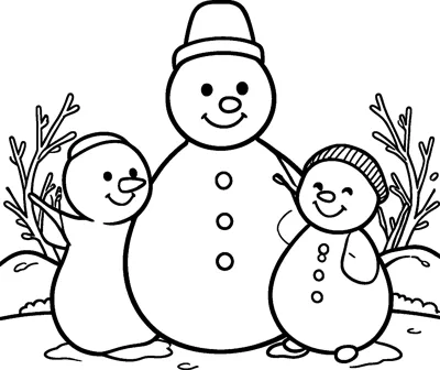 Three snowmen of different sizes standing together in a garden with bare bushes and snow mounds.