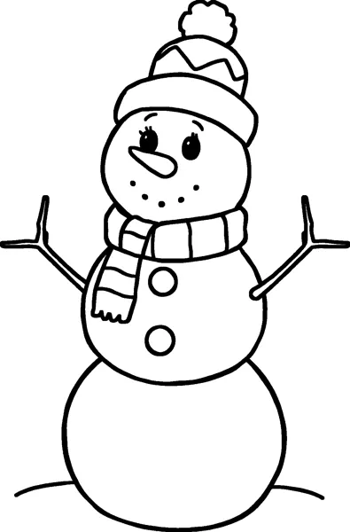 A smiling snowman with a carrot nose, bobble hat, striped scarf and stick arms.