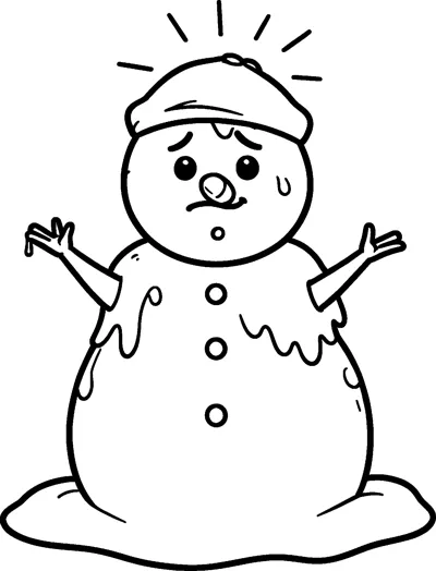 A worried cartoon snowman with a drooping hat and dripping body, with sun rays above and a puddle below.