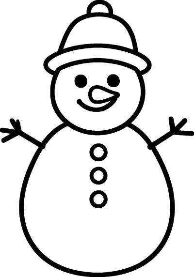 A smiling snowman with a round hat, a carrot nose, stick arms and three round buttons on its body.