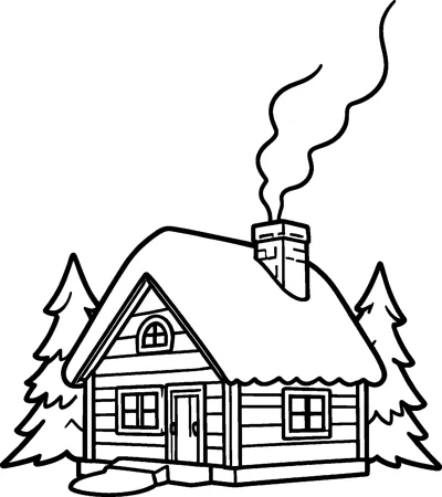 A small log cabin with a snow-covered roof and smoke curling from the chimney, between two pine trees.