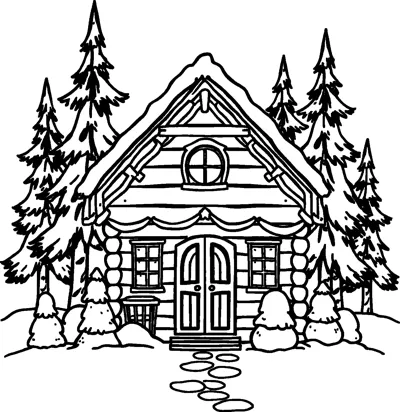 A log cabin with a snowy roof and round window surrounded by tall pine trees.