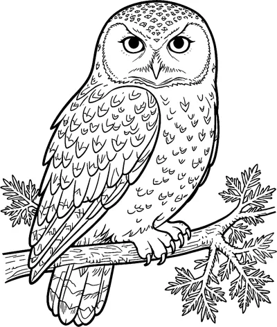 A large snowy owl with patterned feathers and piercing eyes grips a branch with its talons, with frosty pine sprigs on either side.