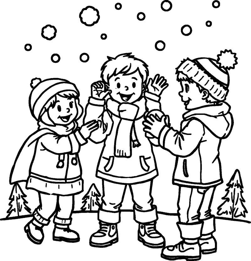 Three children in winter coats, hats and scarves play with snowballs as snow falls.