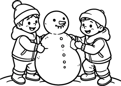 Two children in winter hats and coats patting snow onto a snowman standing between them.
