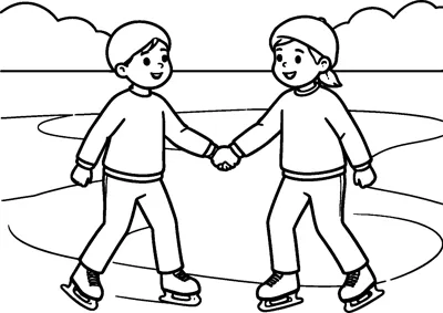 A boy and a girl in skates holding hands as they glide across a frozen lake with hills behind.