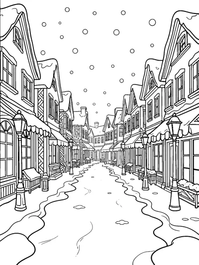 A long snowy village street lined with tall old houses, shop awnings and old-fashioned lamp posts as big snowflakes fall.