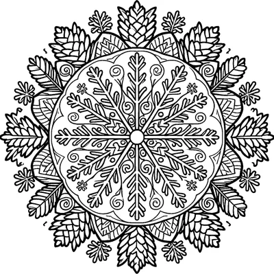 A round winter mandala with a large snowflake in the centre, surrounded by rings of pine cones, pine sprigs and small snowflakes.