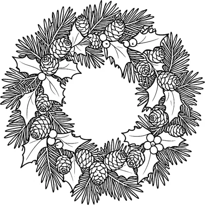 A full round wreath made of pine needles, holly leaves, berry clusters and many pine cones.