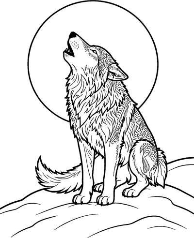 A wolf with thick patterned fur sits on a snowy hill, head raised and howling towards a huge full moon.