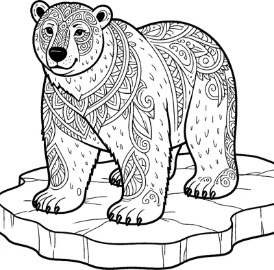 A big polar bear stands on a slab of ice, its body decorated with zentangle swirls, leaves and teardrop patterns.